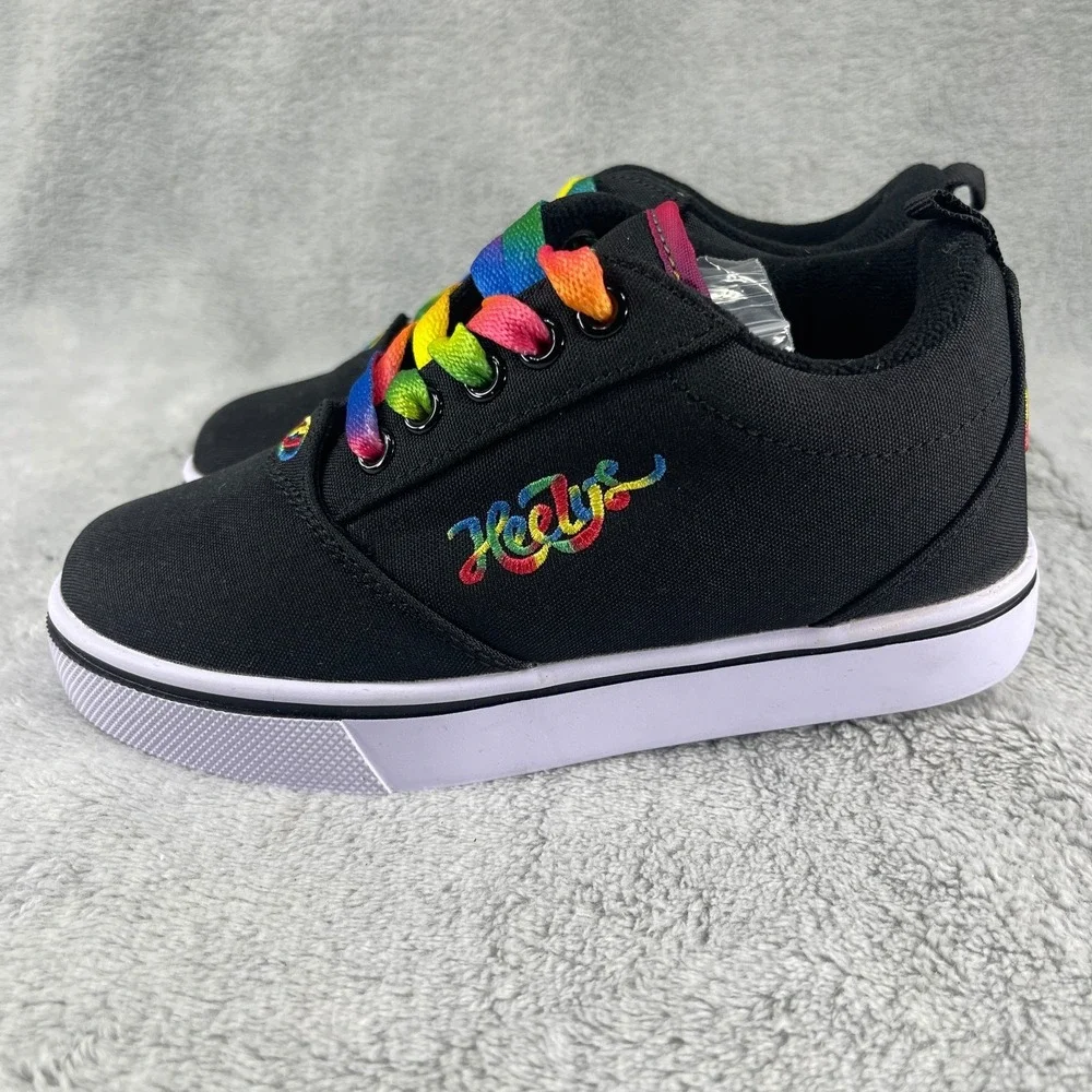Heelys Skate Shoes Girls Size Yth 13c Solid Black Rainbow Logo Black Wheels